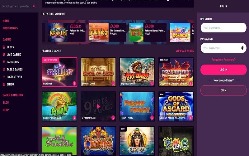 Featured games at Pink Casino