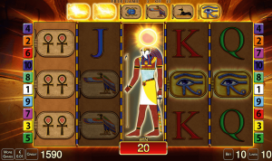 The Eye of Horus bonus comes in the form of 12 free games when three or more Pyramid Scatter symbols appear anywhere on the screen. As an extra bonus, one, two or three Horus symbols awards further free games.