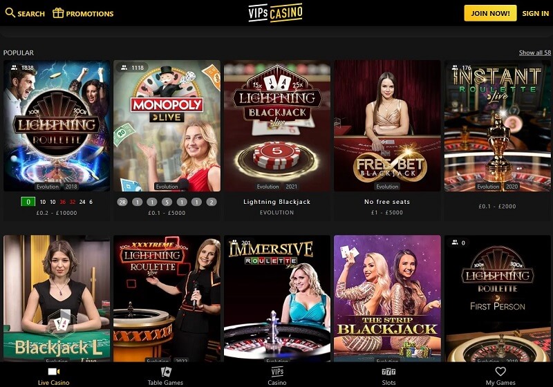 Live casino games at VIPs casino UK