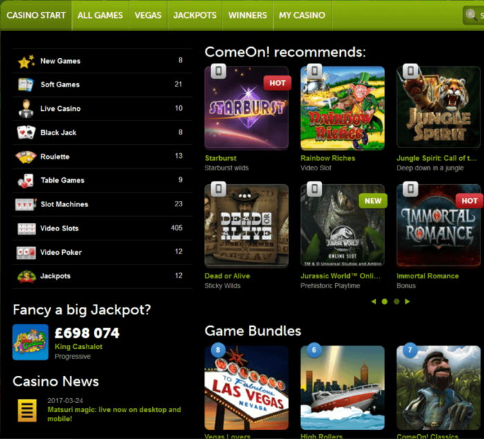 ComeOn Casino recommended games