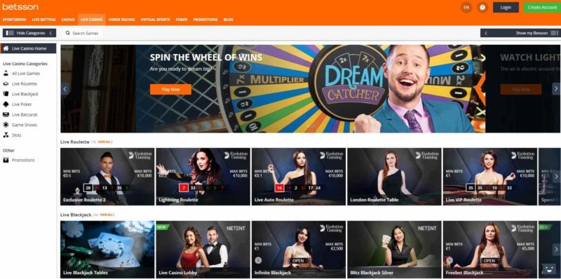 Live casino games at Betsson