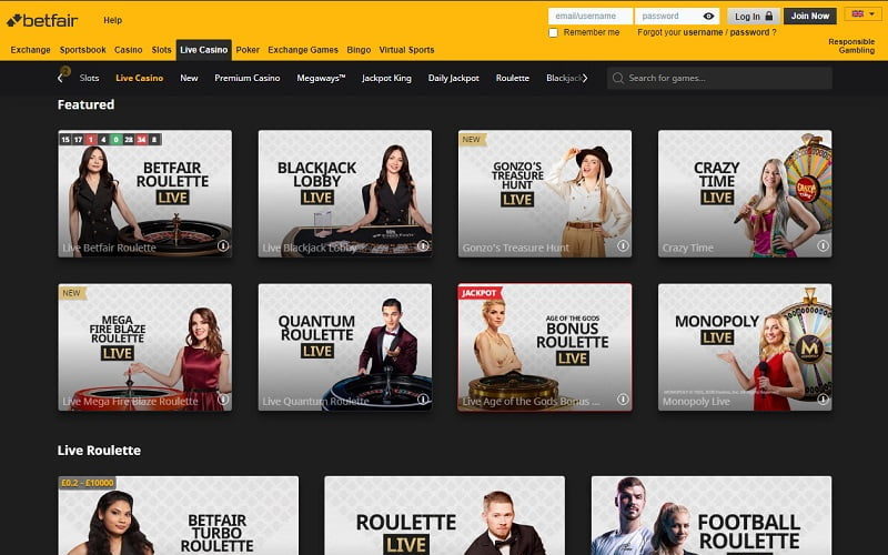 Live casino games at Betfair Casino UK