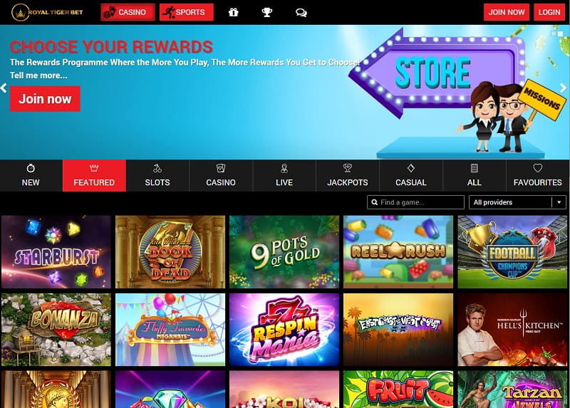 Royal-Tiger-Bet-Casino homepage view of featured games UK
