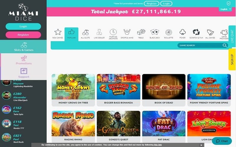 Miami Dice Casino homepage UK