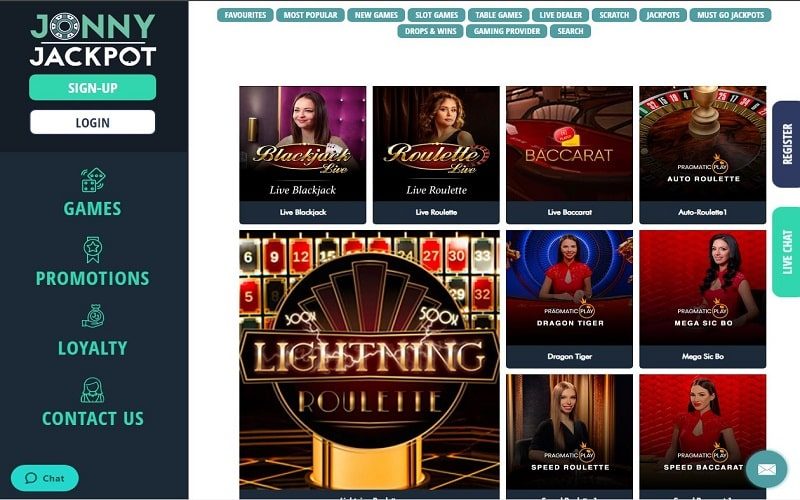 Live Dealer games at Jonny jackpot Casino