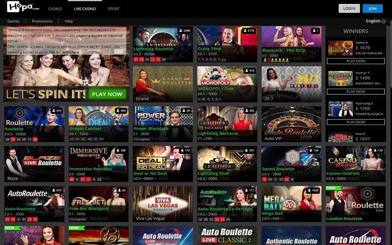 Live casino games at Hopa Casino UK