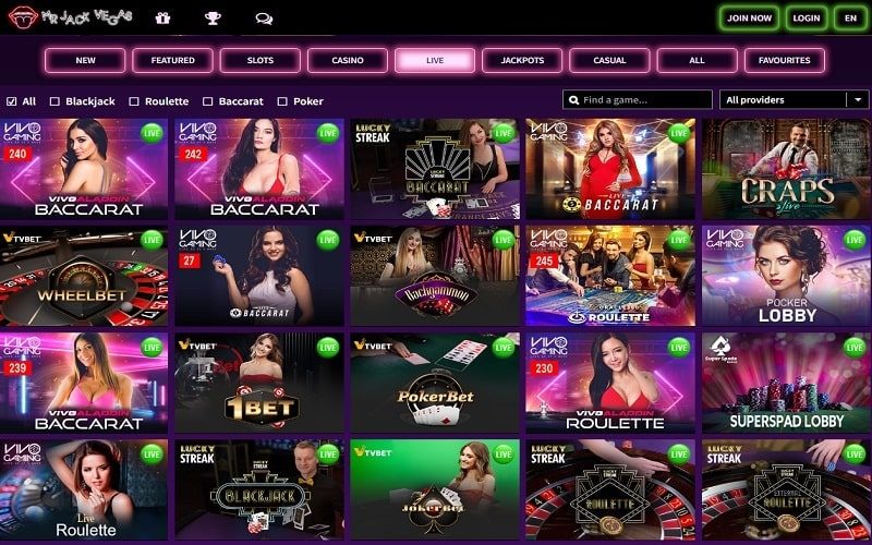 Live casino games at Mr Jack Vegas