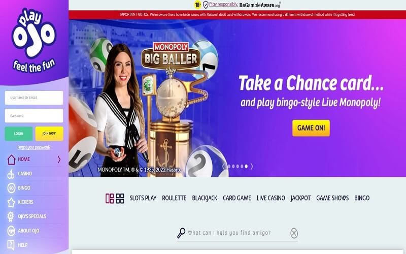 Playojo online casino homepage