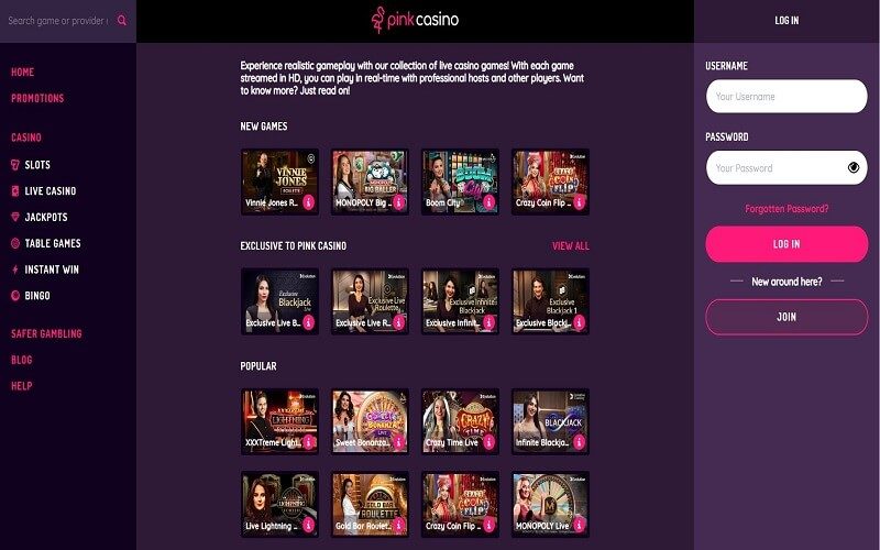 Live casino games at Pink Casino