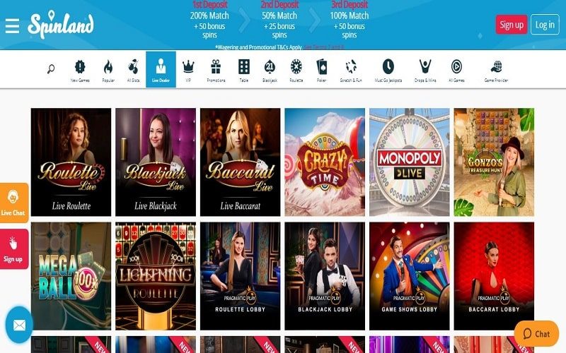 Play Live dealer games at Spinland Casino UK